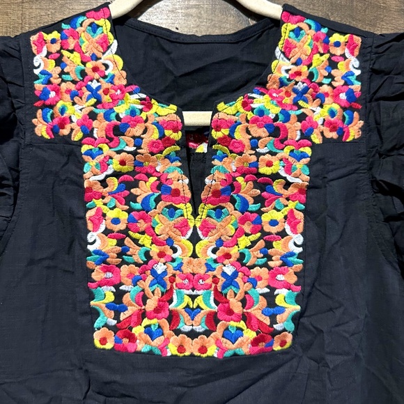 NWOT Black Multi-Color Embroidered Pom Sleeve Dress Sz M - Picture 3 of 16